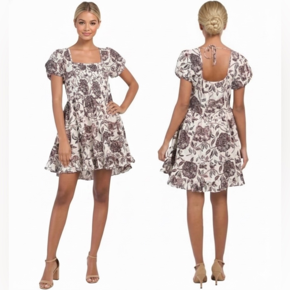 House of Harlow 1960 Ozzie Ivory Print Floral Babydoll Dress NWT Puff Sleeve S